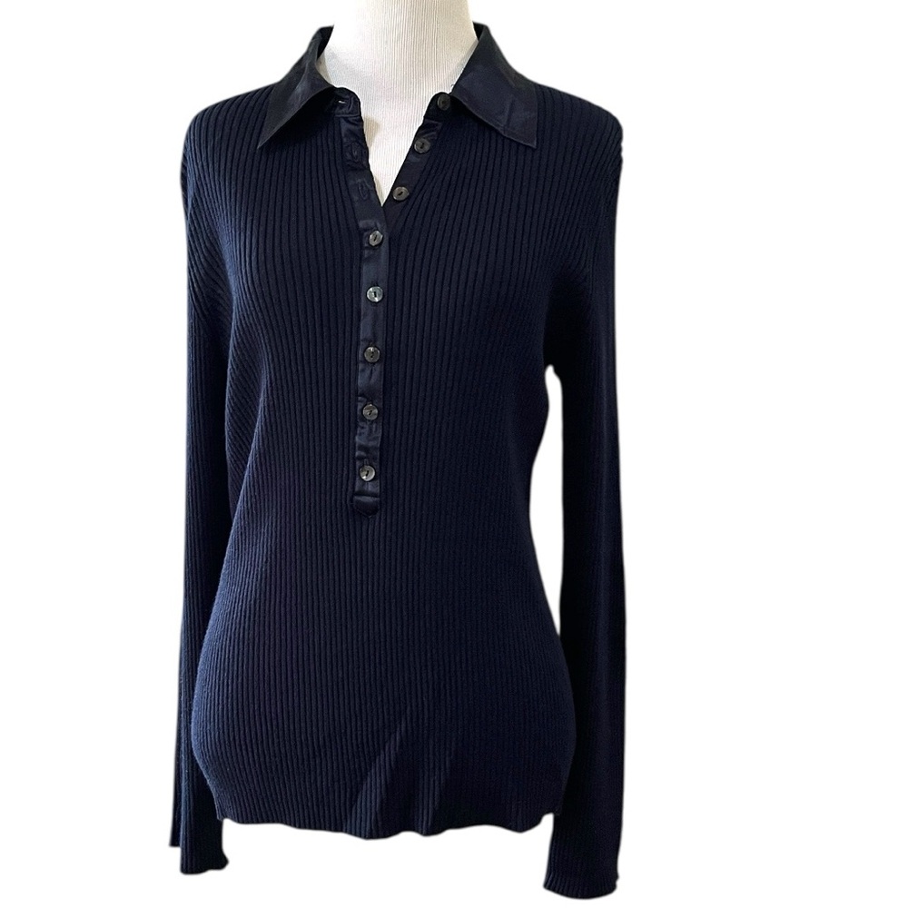 CHICO’S RIBBED LONG SLEEVE HENLEY SHIRT SILK TRIM COLLAR NAVY BLUE CHICOS SZ 2 M